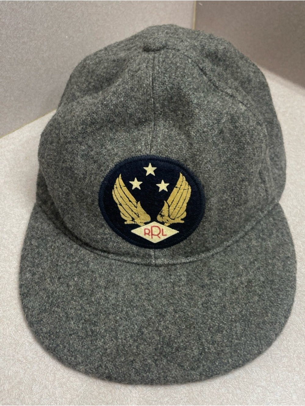 RRL Double RL Logo Wool Blend Felt Ball Cap Hat Gray Military Wing Leather Strap